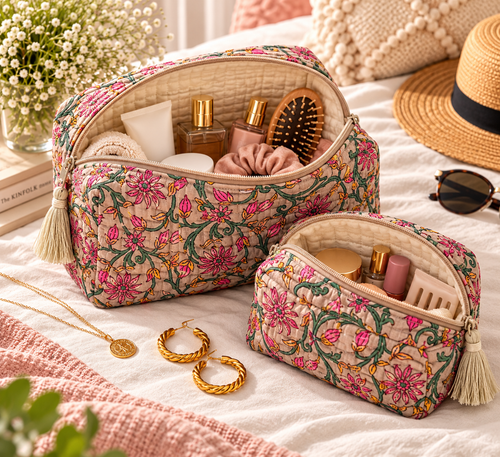 Blush Garden Quilted Organiser Pouch Set – Set of 2