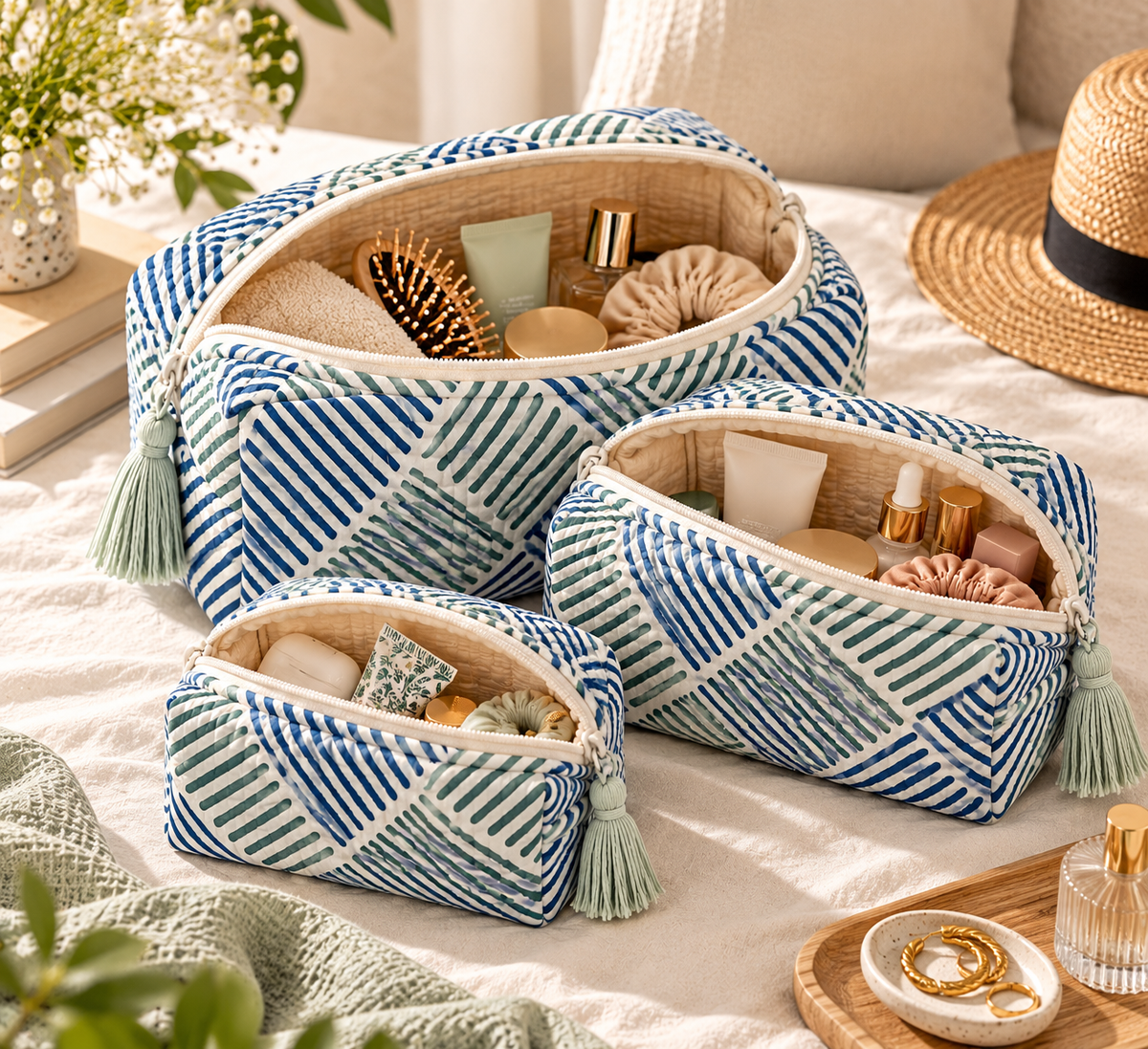 Coastal Breeze Quilted Organiser Pouch Set – Set of 3