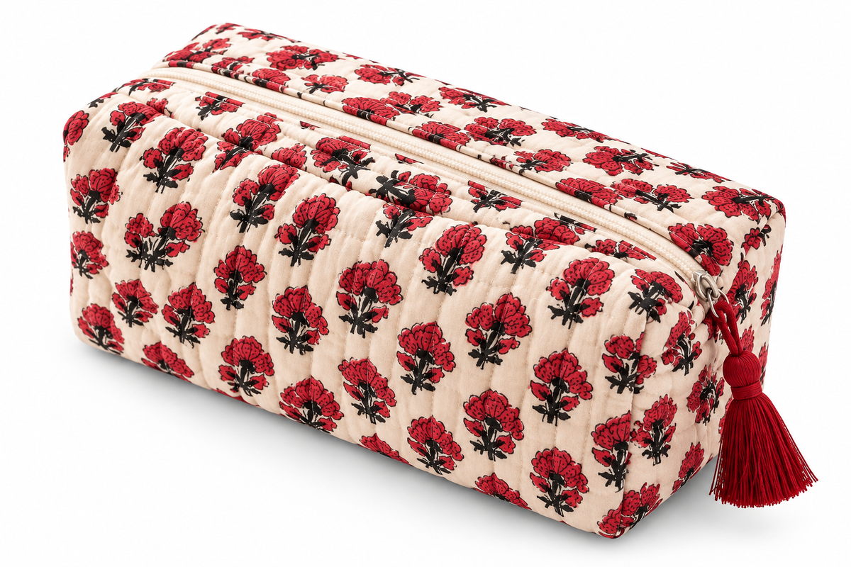 Crimson Bloom Quilted Travel Pouch