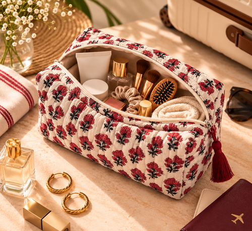 Crimson Bloom Quilted Travel Pouch