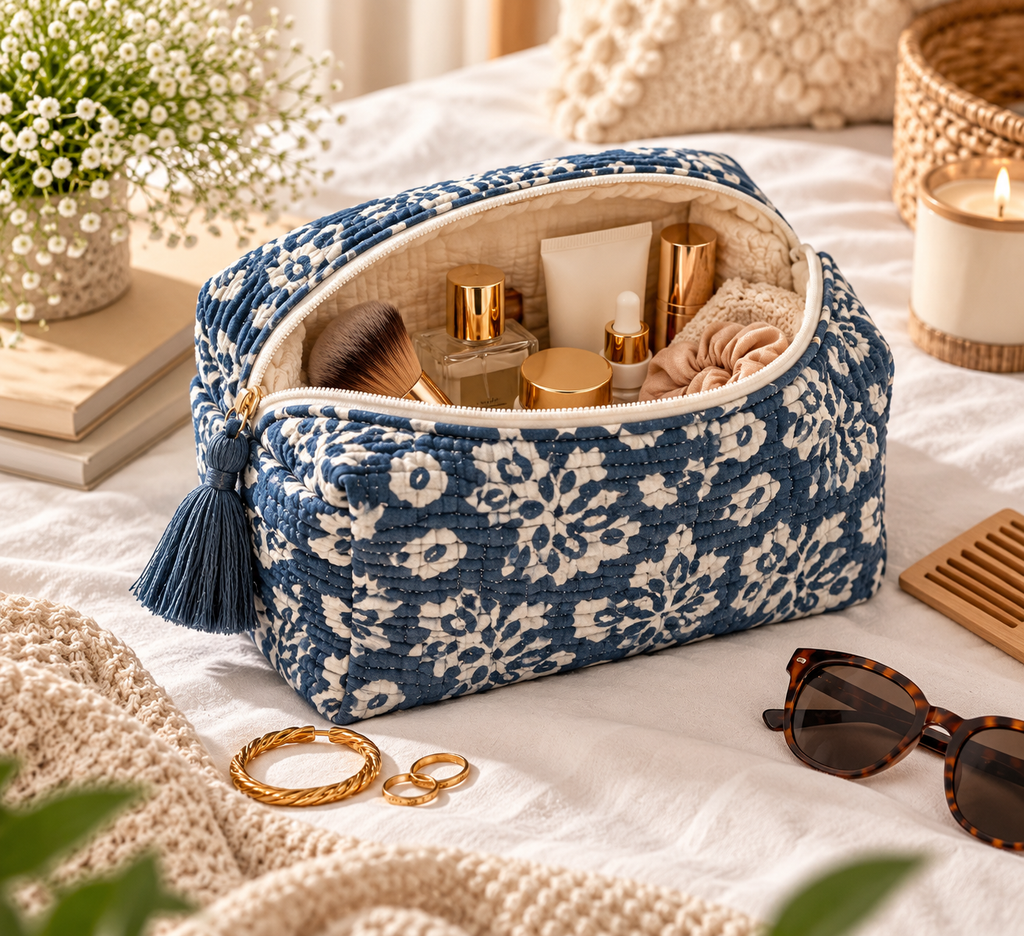 Indigo Bloom Quilted Organiser Pouch