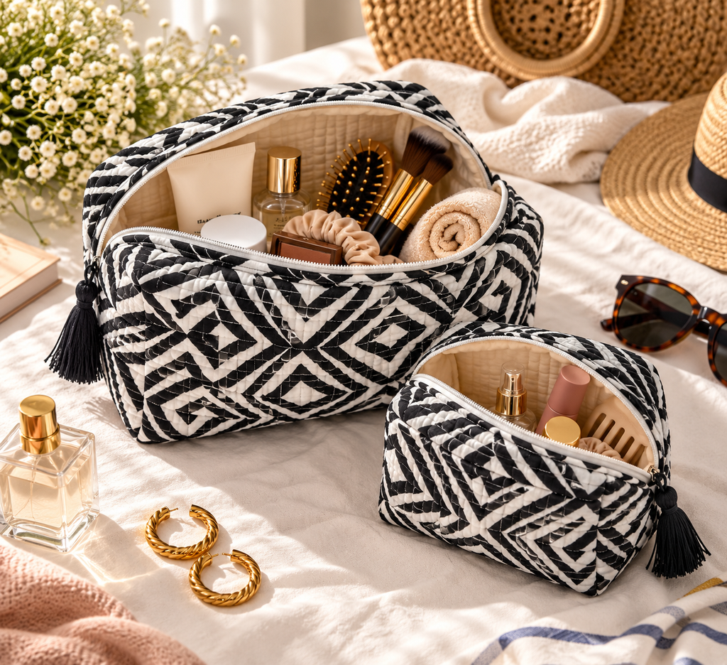 Monochrome Quilted Organiser Pouch Set – Set of 2