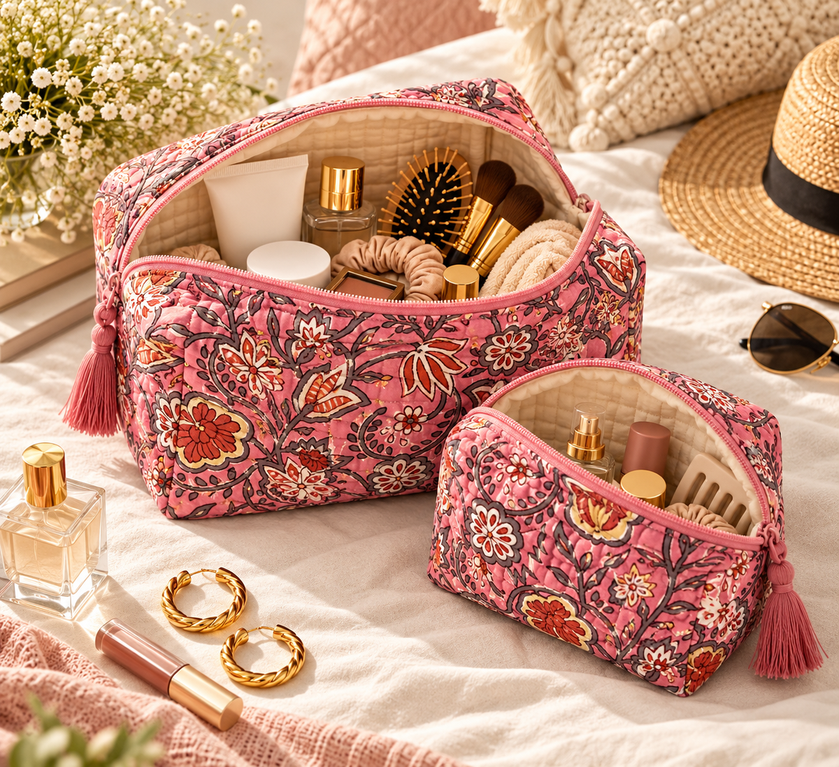 The Gulabi Bloom Quilted Organiser Set – Set of 2