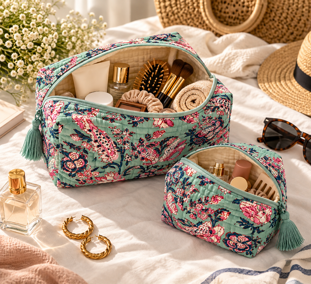 The Gulbahar Quilted Organiser Set – Sage Bloom